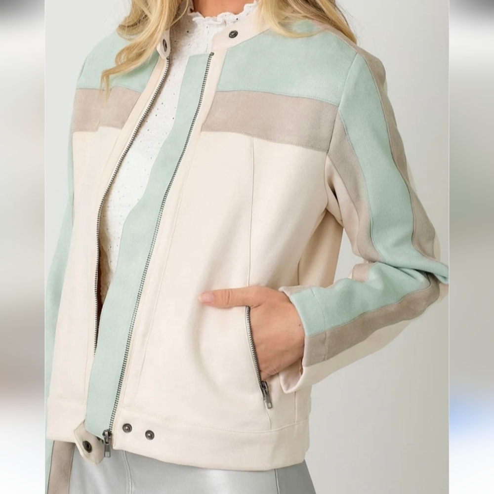Mystree Color Blocked Moto Jacket Size M New - Picture 2 of 7